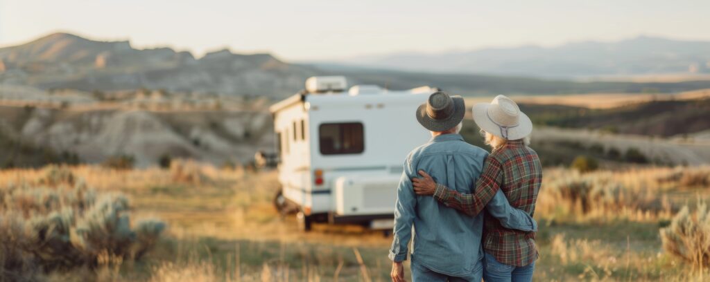 Happy retired couple embracing near their RV in a scenic national park, symbolizing safe and joyful travel with proper insurance coverage