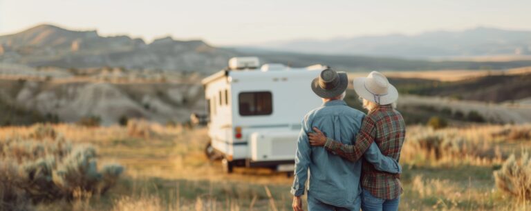 Happy retired couple embracing near their RV in a scenic national park, symbolizing safe and joyful travel with proper insurance coverage
